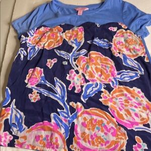 Lilly Pulitzer Blue and Orange silk front Floral Short Sleeve Top